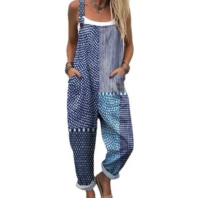 Women's Printed Loose Sleeveless Retro Jumpsuit Black Line E652 - Shop at LoveMi
