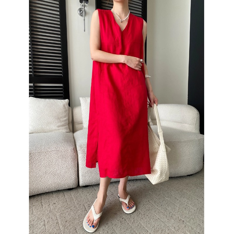 Breathable And Comfortable V-neck Loose-fit Sleeveless Dress