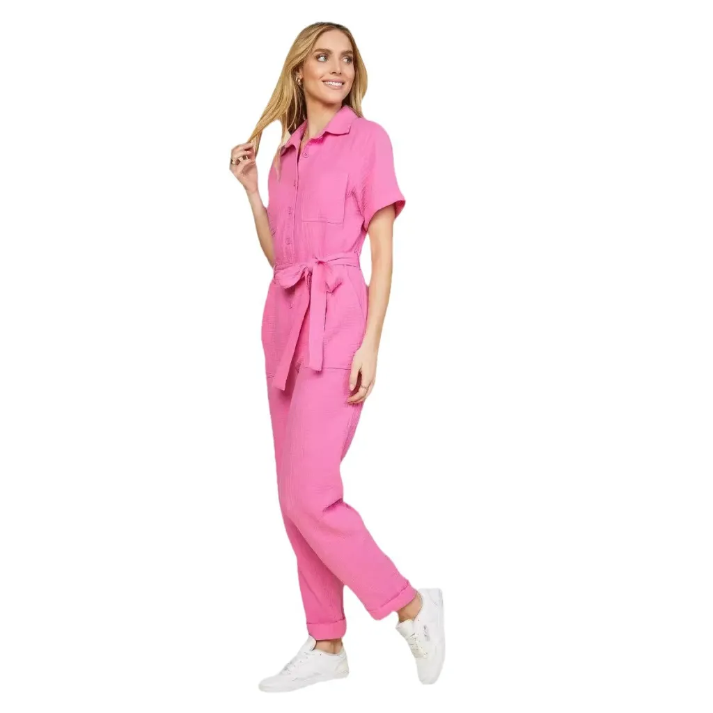 Women's Solid Color Short-sleeved Jumpsuit Trousers - M-Peach