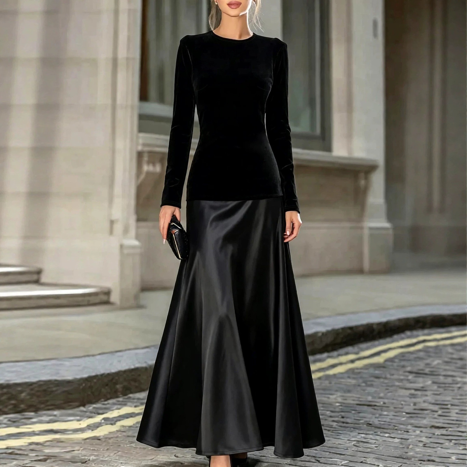 Black Velvet And Satin Patchwork Dress For Women