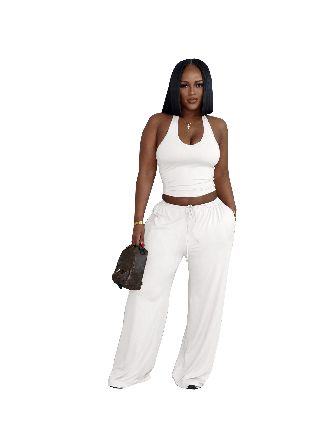 European And American Style Summer Solid Color Casual Halter Top And High-Waist... 6