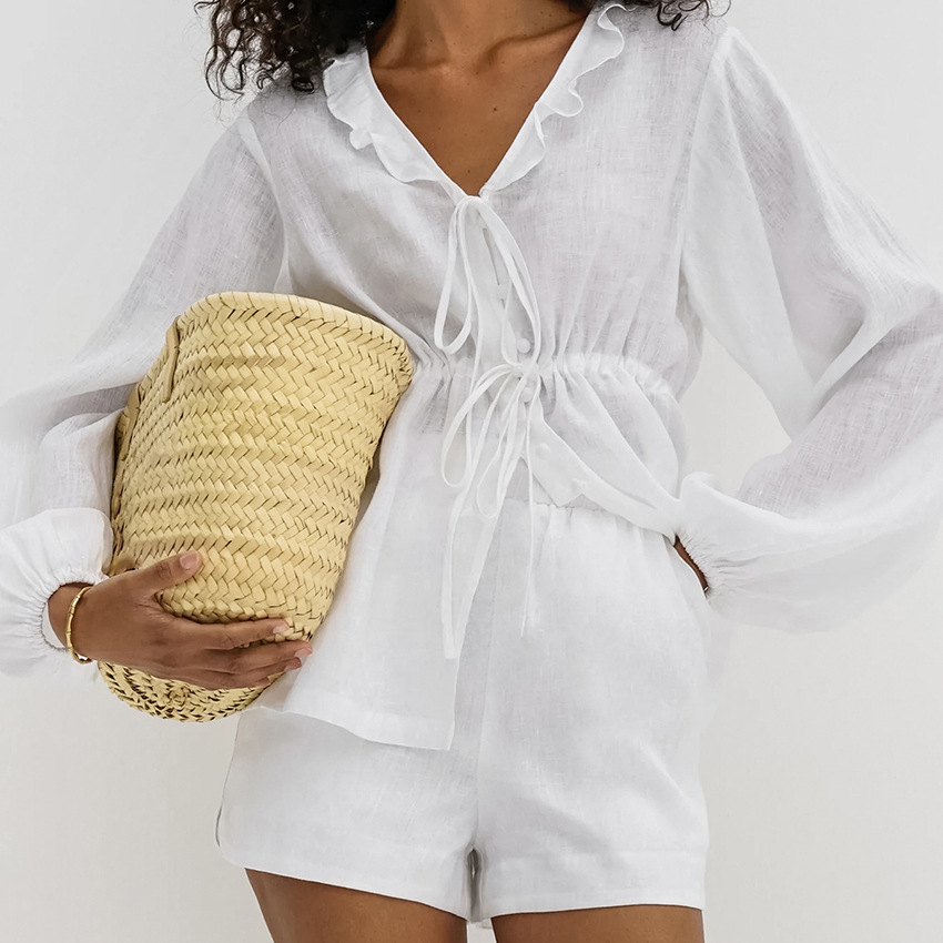 European And American Holiday Leisure Cotton And Linen Suit Fashion Lantern Sleeve Shirt