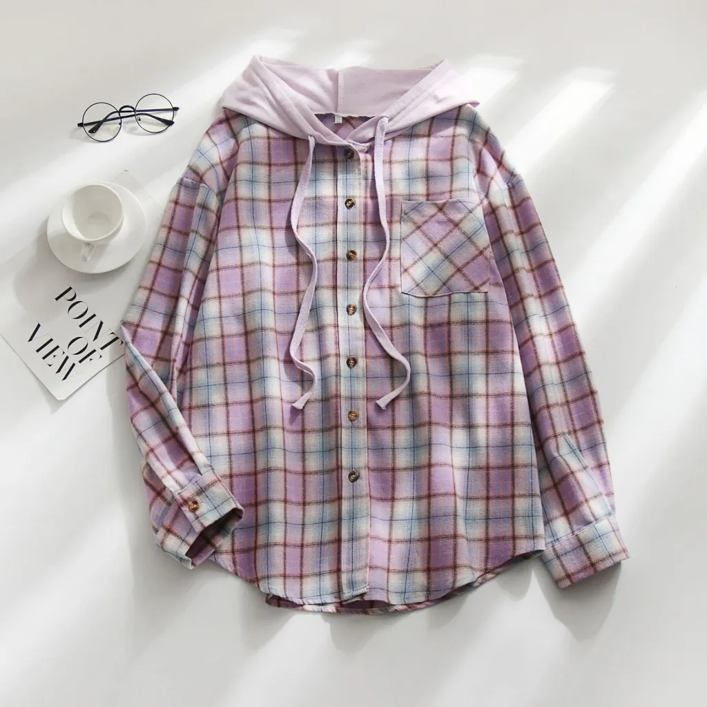 Hooded Breasted Casual Shirt Pullover - Purple