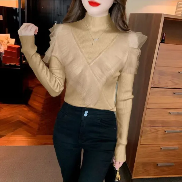 Women's Half turtleneck Off shoulder Sweater Mesh Khaki - Shop at LoveMi