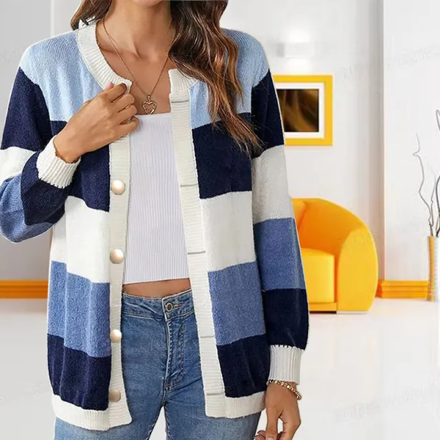 Women's Color Matching Temperament Crew Neck Loose Sweater Coat Blue - Shop at LoveMi