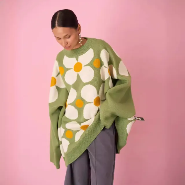Flower Yarn dyed Sweater Women's Round Neck Pullover Long Sleeve Loose Top Green - Shop at LoveMi