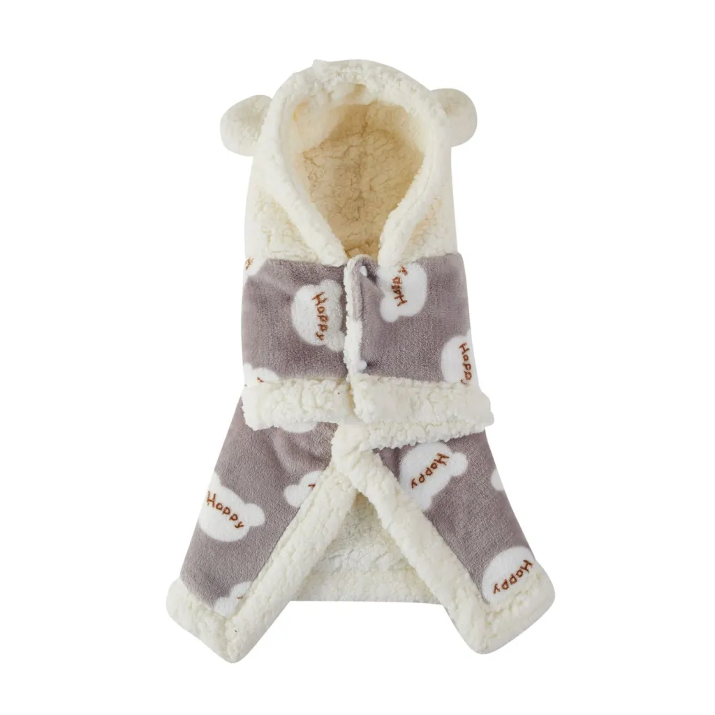 Pet Clothes Warm Thickened Flannel Hooded Shawl Pajamas - Gray