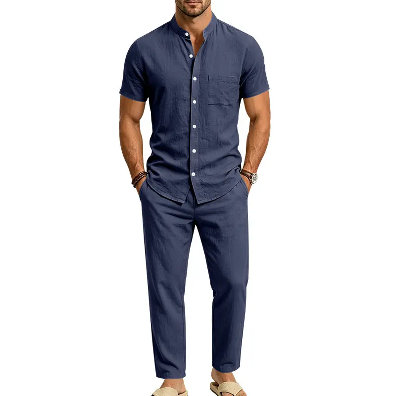 Mens Linen Casual Stand-Collar Leisure Set