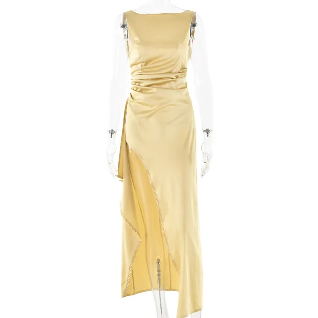 Fashion Slim Sleeveless Backless Satin Pleated High Slit Long Dress Yellow - Shop at LoveMi