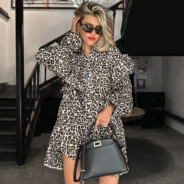 Design Leopard Print Women's Shirt Ruffled Long Sleeve Leopard Print - Shop at LoveMi