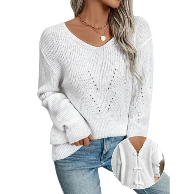 Round Neck Cutout Lace Stitching Bow Back Elegant Sweater White - Shop at LoveMi