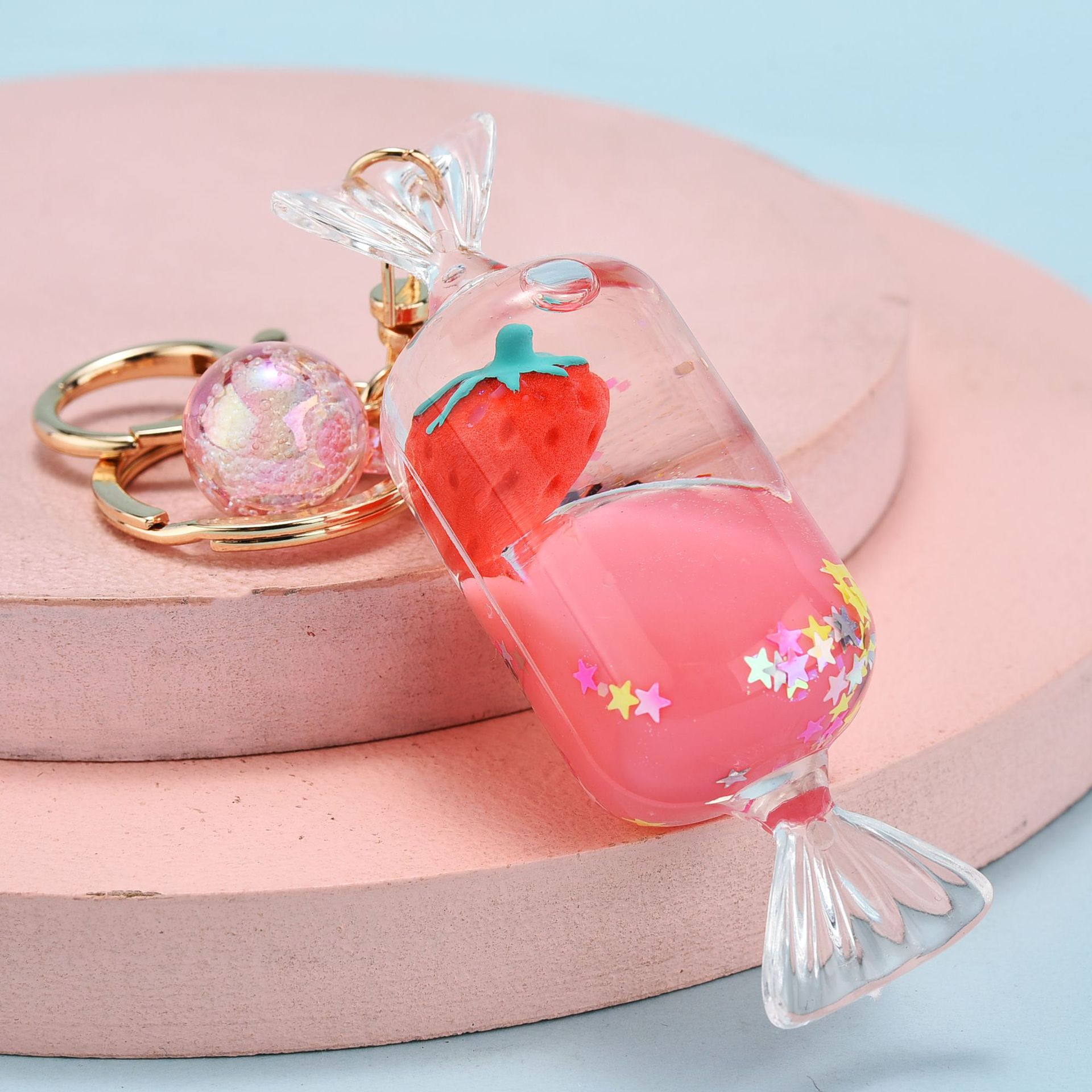 Quicksand Oil Five-pointed Star Strawberry Key Chain Floating Acrylic