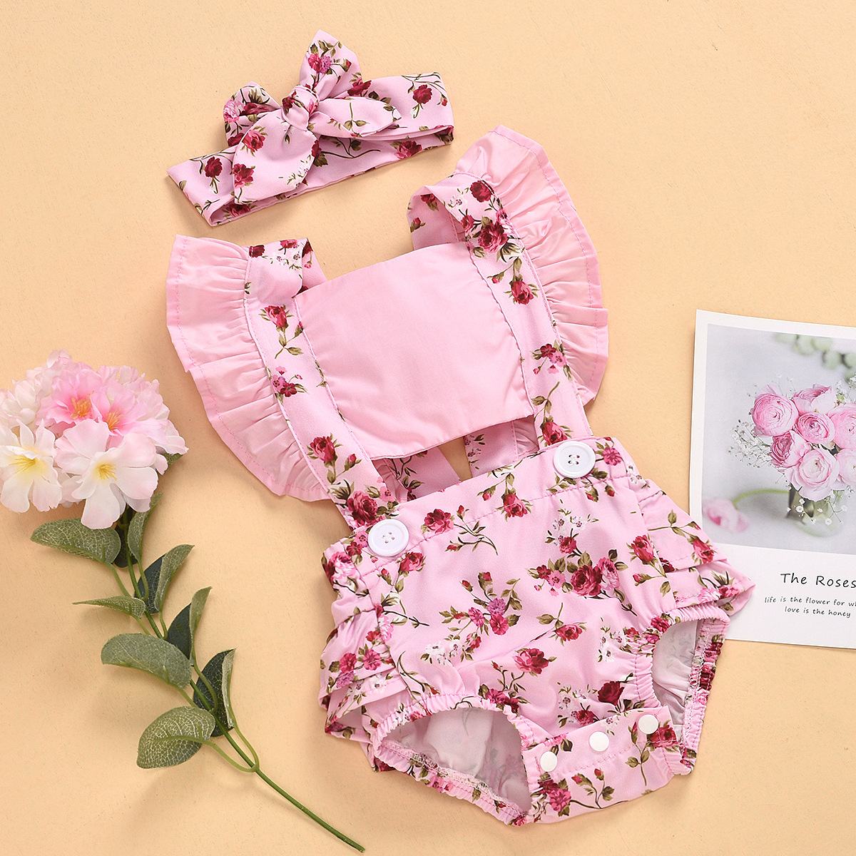 Season Girls' Printed One-piece Romper Headscarf Two-piece Set