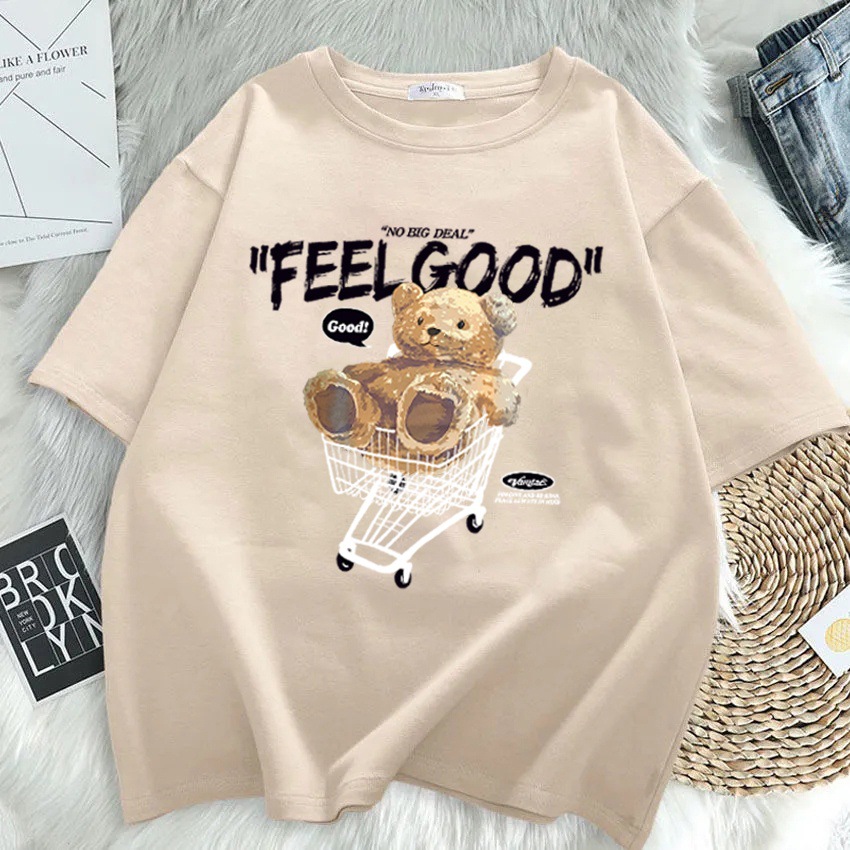 Cartoon Bear Short sleeved T shirt Women's Loose Top Apricot - Shop at LoveMi