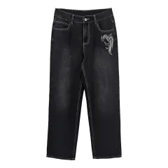 High Waist Straight Pants Washed Trousers Cotton Denim Women's Jeans - Black - View 1