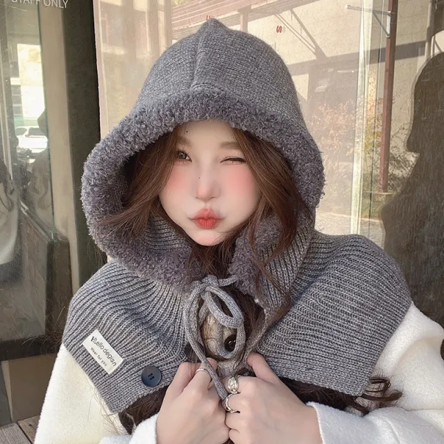 Korean Balaclava Hat Female Winter Warm Hat Scarf One Couple Earflaps Woolen Knitted Hat Gray - Shop at LoveMi