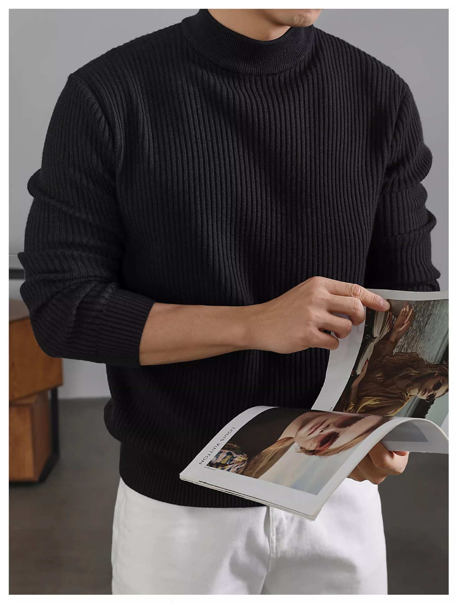 Mens Warm Korean-style Half-turtleneck Sweater With Vertical Stripes For Layering