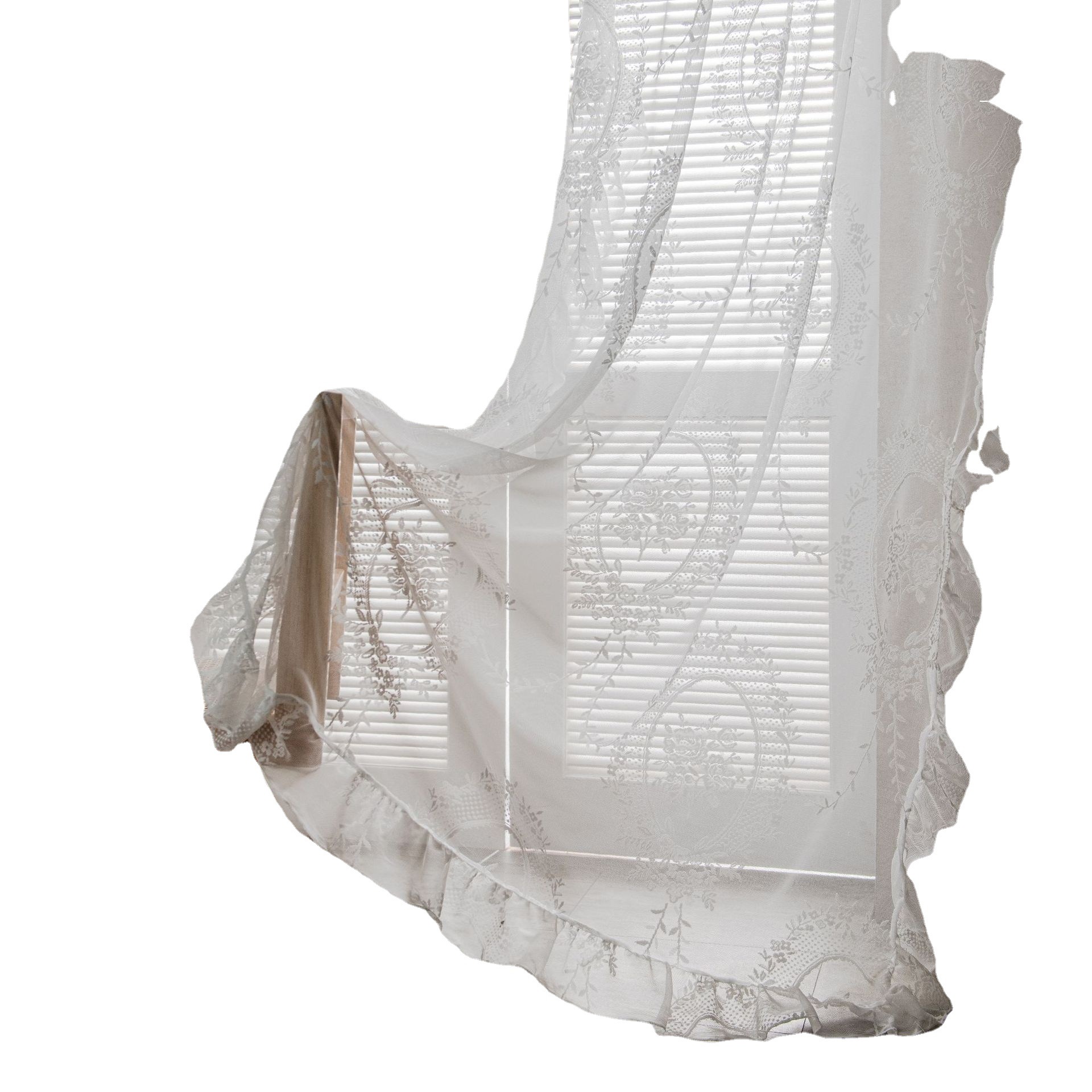 Lace-trimmed Balcony Bay Window With White Sand Partition And Wavy Pastoral Curtains