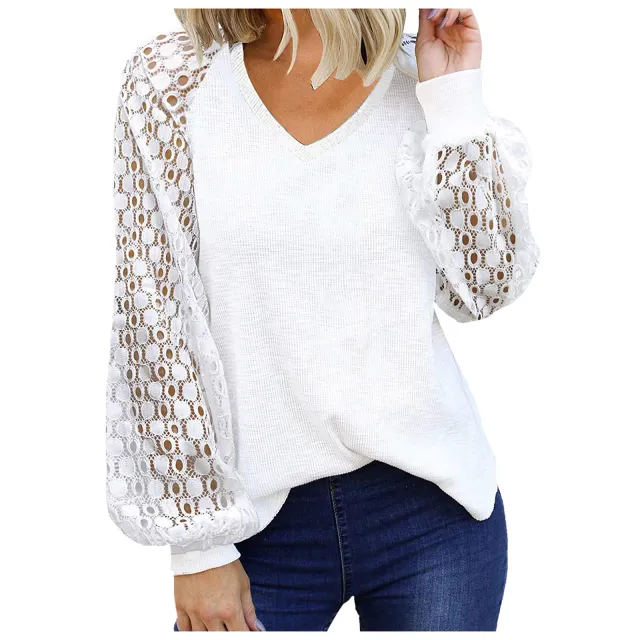 Women's V neck Long Sleeve Lace Stitching Loose Shirt White - Shop at LoveMi