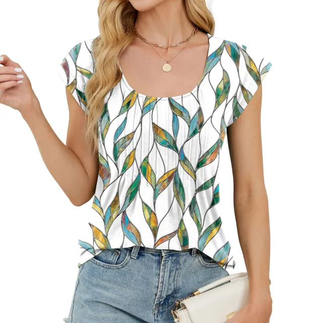 European And American Printed Round Neck Stripes Loose Short Sleeve Wave Flower - Shop at LoveMi