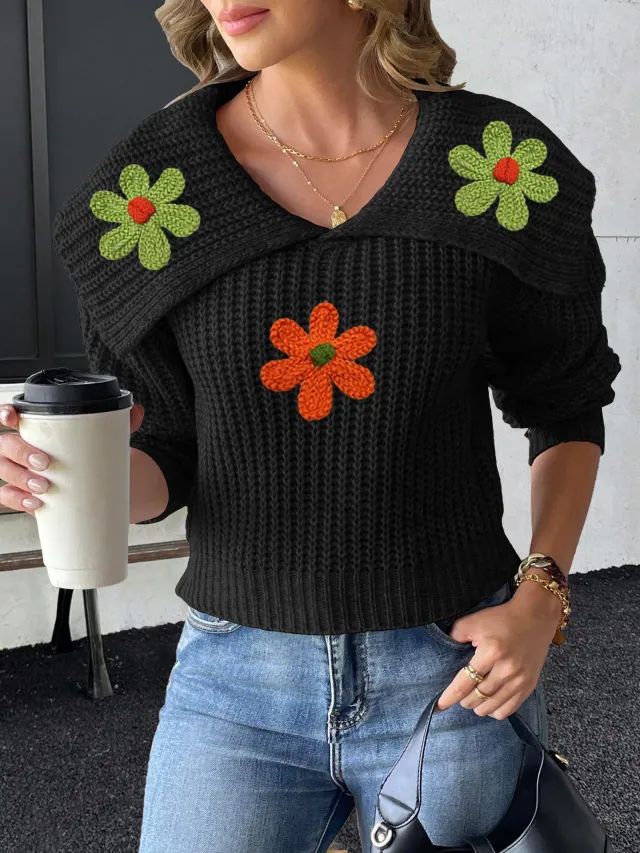 Women's Embroidered Flower Splicing Pullover Sweater Black 3 Wool Flowers - Shop at LoveMi