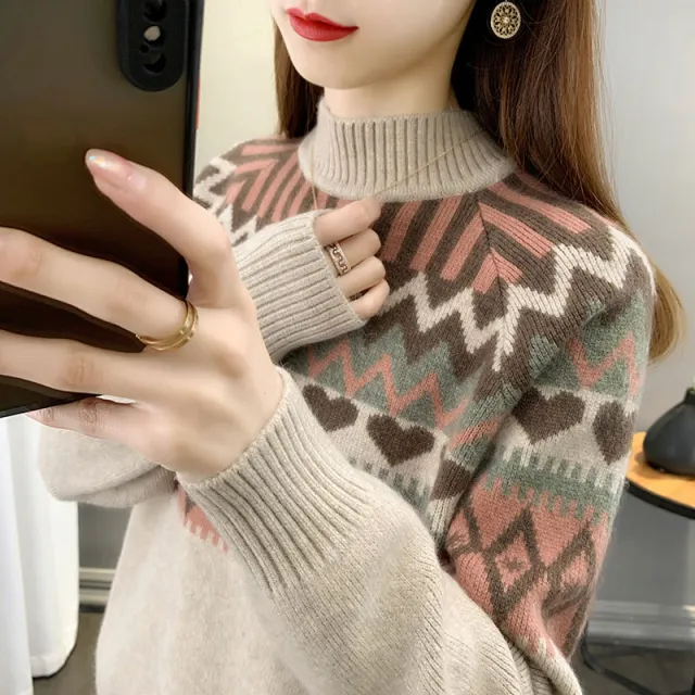4 Autumn And Winter New Jacquard Inner Cashmere Sweater Thickened Khaki - Shop at LoveMi