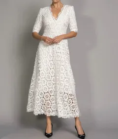 New Temperament Commuter White Lace Long Dress Elegant V-neck Design Floral Dress Evening Dress - White - View 1