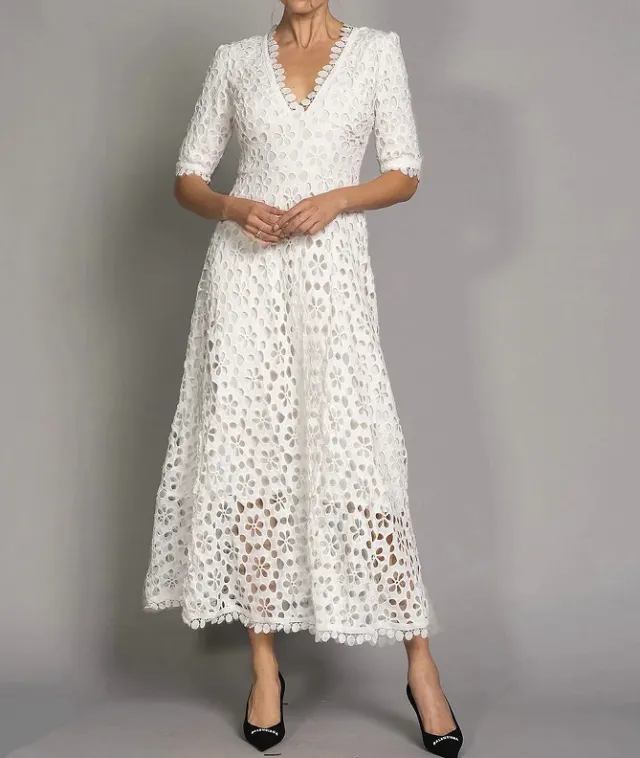 New Temperament Commuter White Lace Long Dress Elegant V neck Design Floral Dress Evening Dress White - Shop at LoveMi