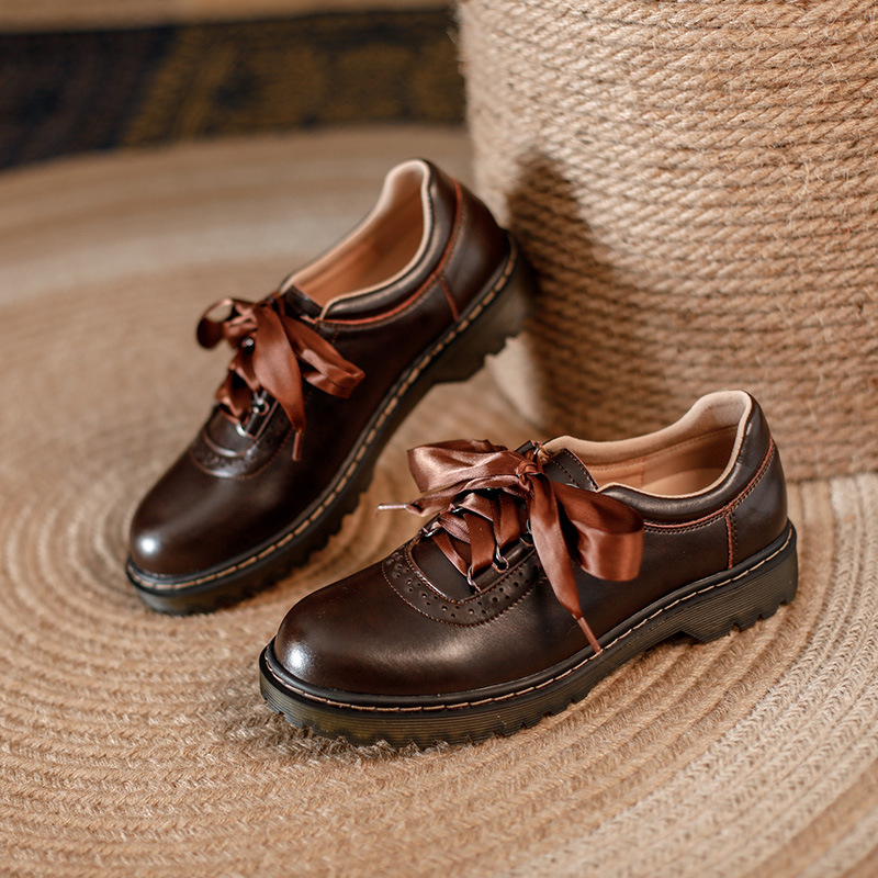 Womens Retro Silk Lace-Up Chunky-Heel Pumps