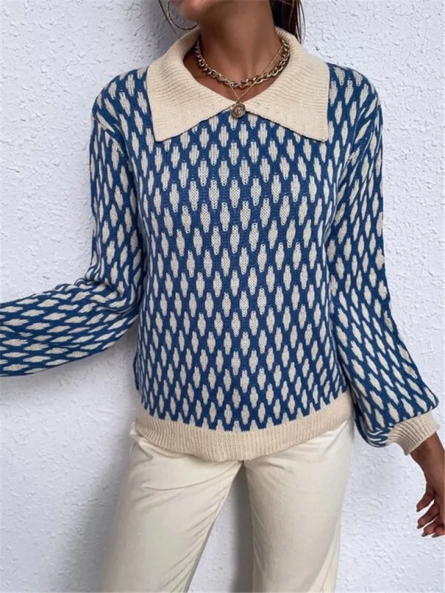 French Style Diamond Patterns Lantern Sleeve Contrast Color Sweater - Shop at LoveMi