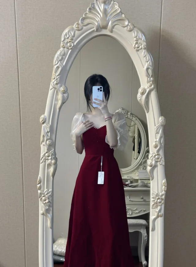 Small Plus Size Wine Red Puff Sleeve Princess High grade Evening Dress Wine Red Mid Length - Shop at LoveMi