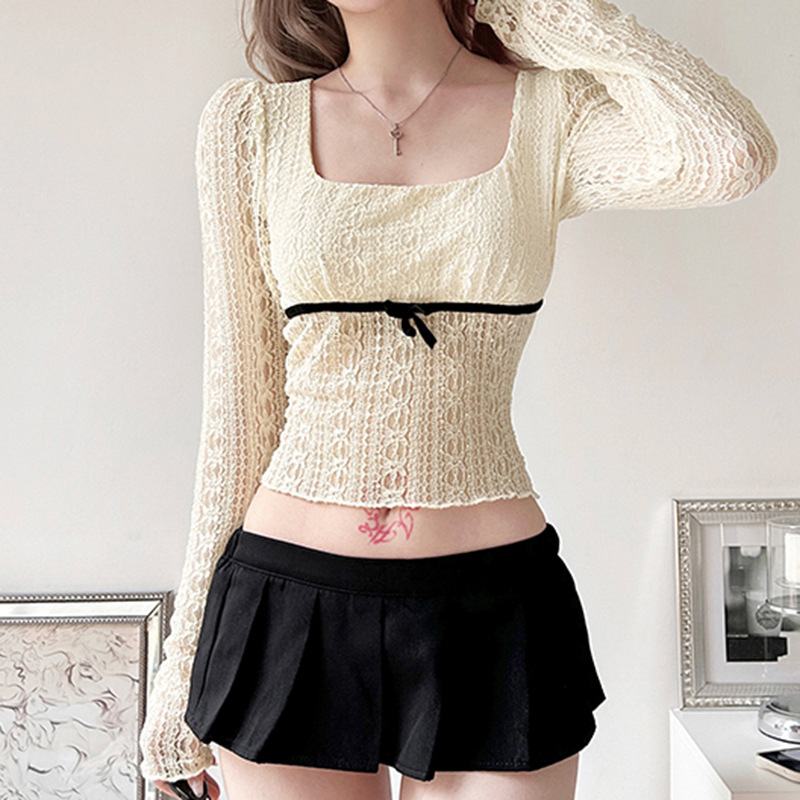 New Sexy See-through Square Collar Slim Long Sleeve Top