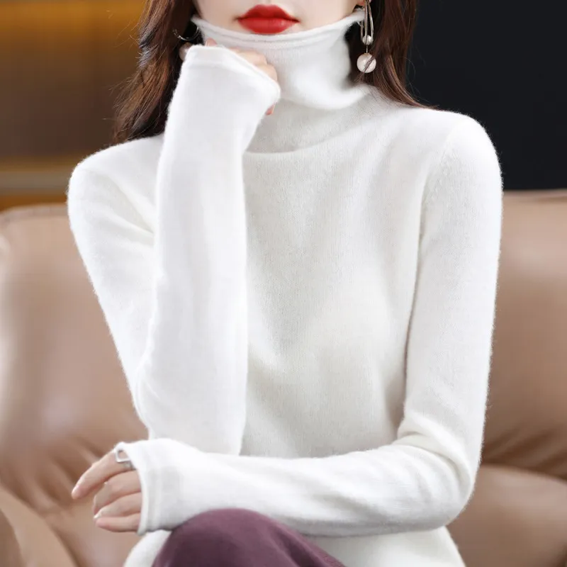 Pile Collar Woolen Sweater Women's Bottoming Shirt Turtleneck Sweater - White