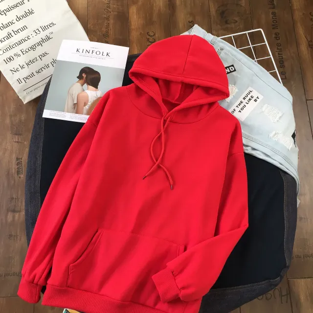 Long Sleeve Solid Color Hooded Sweater Couple Red - Shop at LoveMi