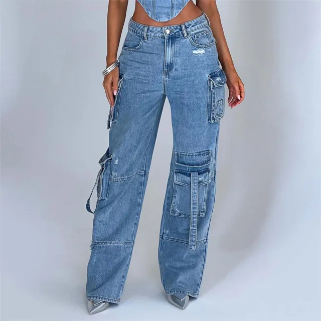 Women's Suit Low Waist Three dimensional Tube Top And Pocket Stitching Jeans Pants Blue Pants - Shop at LoveMi