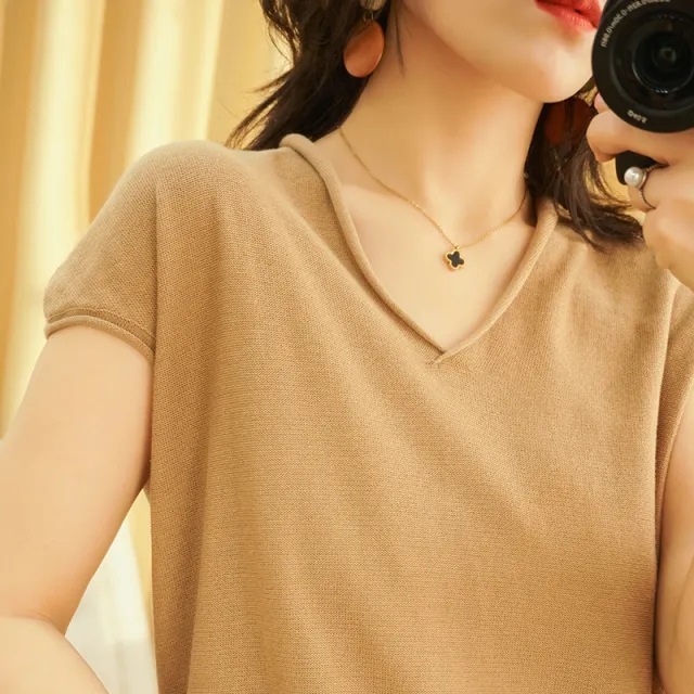 Womens Cotton linen V neck Short sleeve T shirt In Solid Colors Camel - Shop at LoveMi