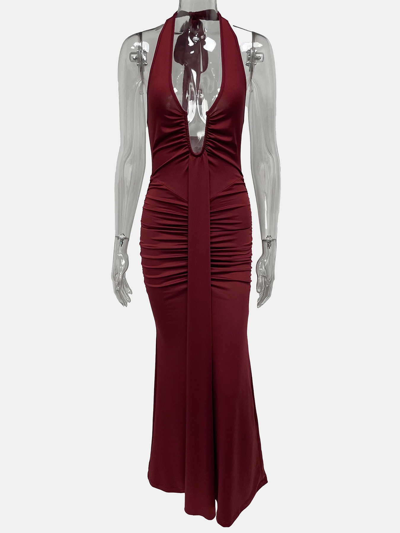Sleeveless Long Pleated Mermaid Sexy Party Dress Wine Burgundy - Shop at LoveMi