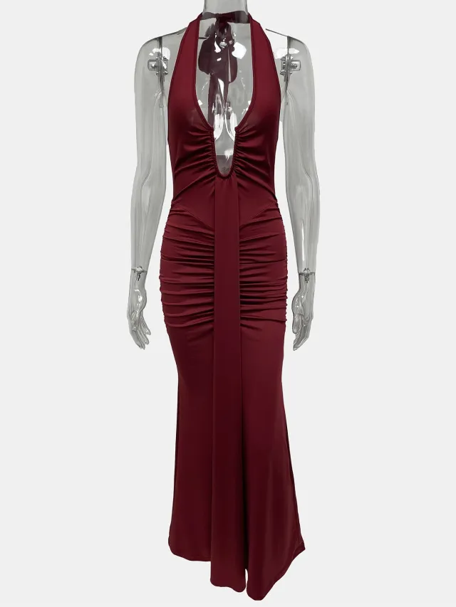 Sleeveless Long Pleated Mermaid Sexy Party Dress Wine - Shop at LoveMi