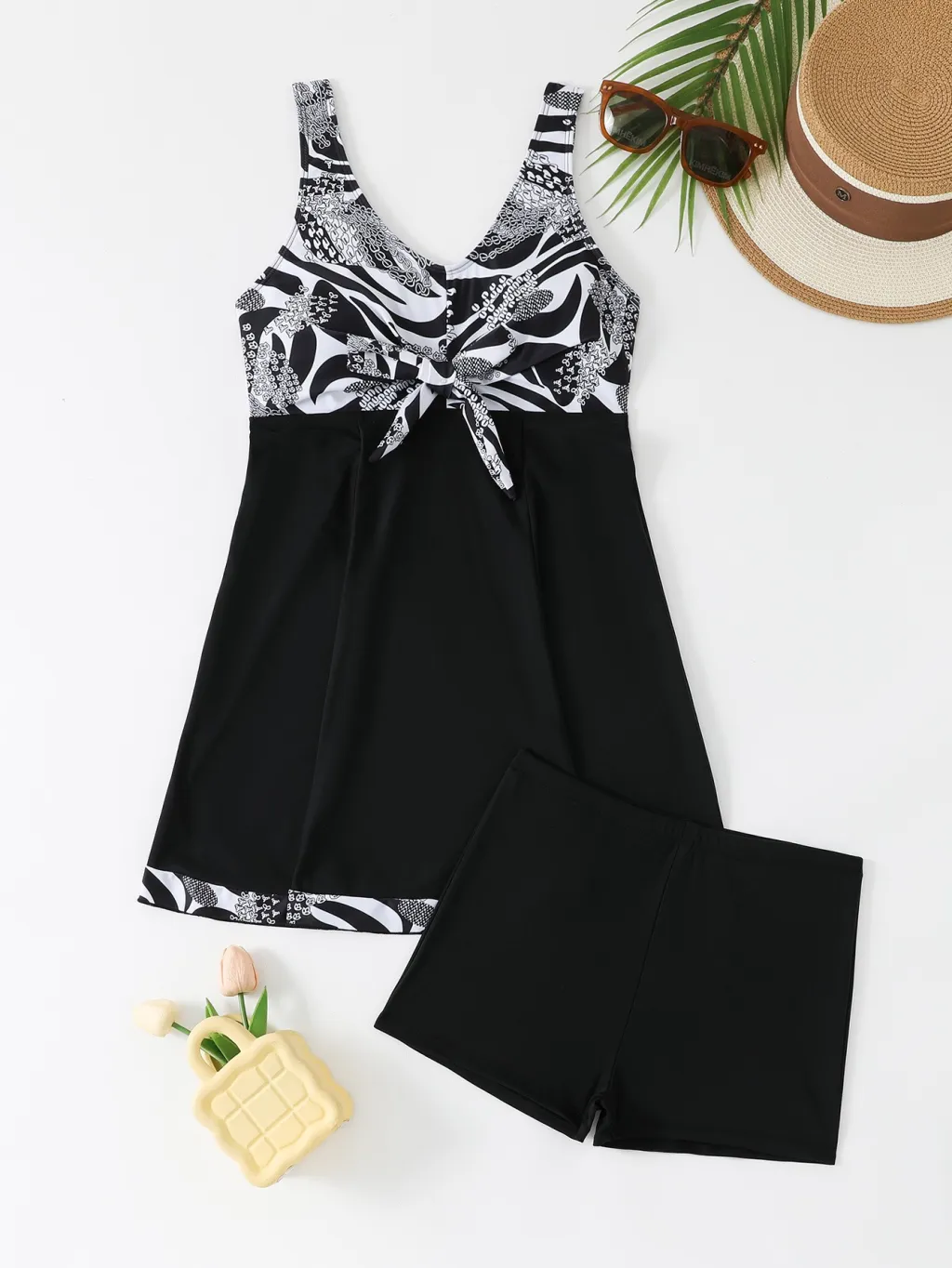Female Skirt Style Split Boxers Conservative Tankini Swimsuit - Black