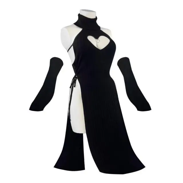 Women's Solid Color Casual Versatile Heart shaped High neck Cheongsam Dress Black - Shop at LoveMi