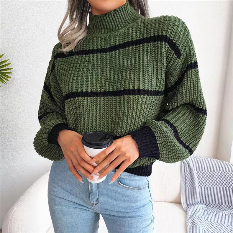 Title 5, Contrast Color Striped Sweater New Half Turtlen...