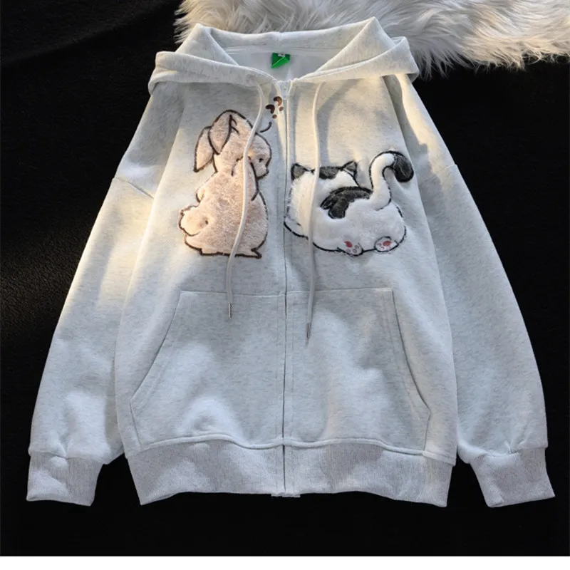 Thickened Cartoon Sweater Women's Autumn And Winter Hooded Cardigan Coat - Gray