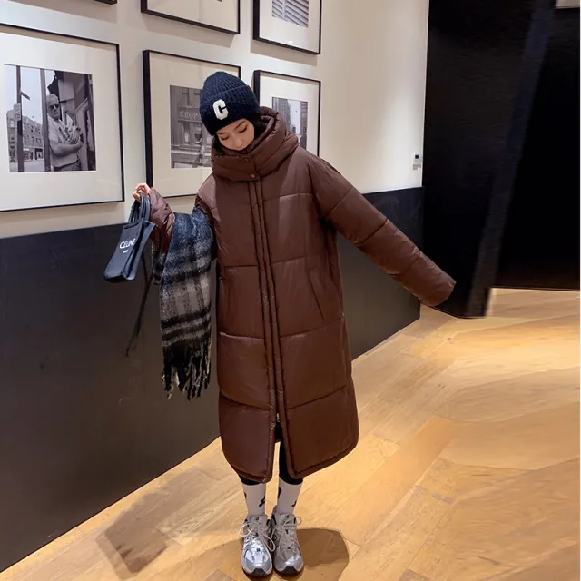 Women's Long Loose Thickening Keep Warm Hooded Cotton padded Coat Brown - Shop at LoveMi