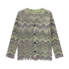 Retro Contrast Colour Sweater Wave Striped Knitted Cardigan Jacket - Green - View 1