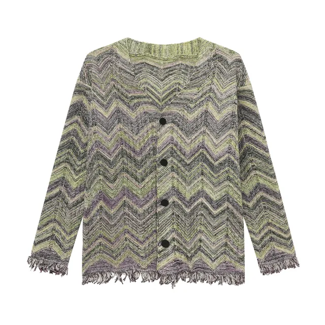 Retro Contrast Color Sweater Wave Striped Knitted Cardigan Jacket Green - Shop at LoveMi