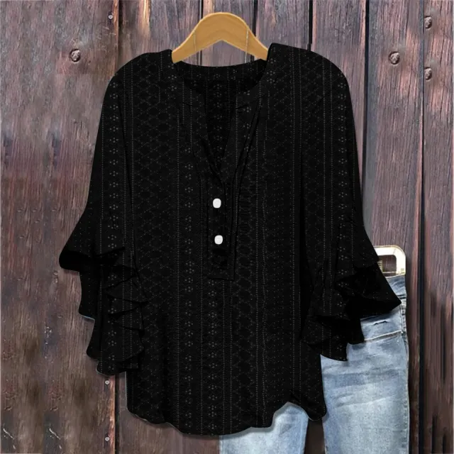 Printed Casual Trend V neck Flounce Sleeve T shirt Black - Shop at LoveMi