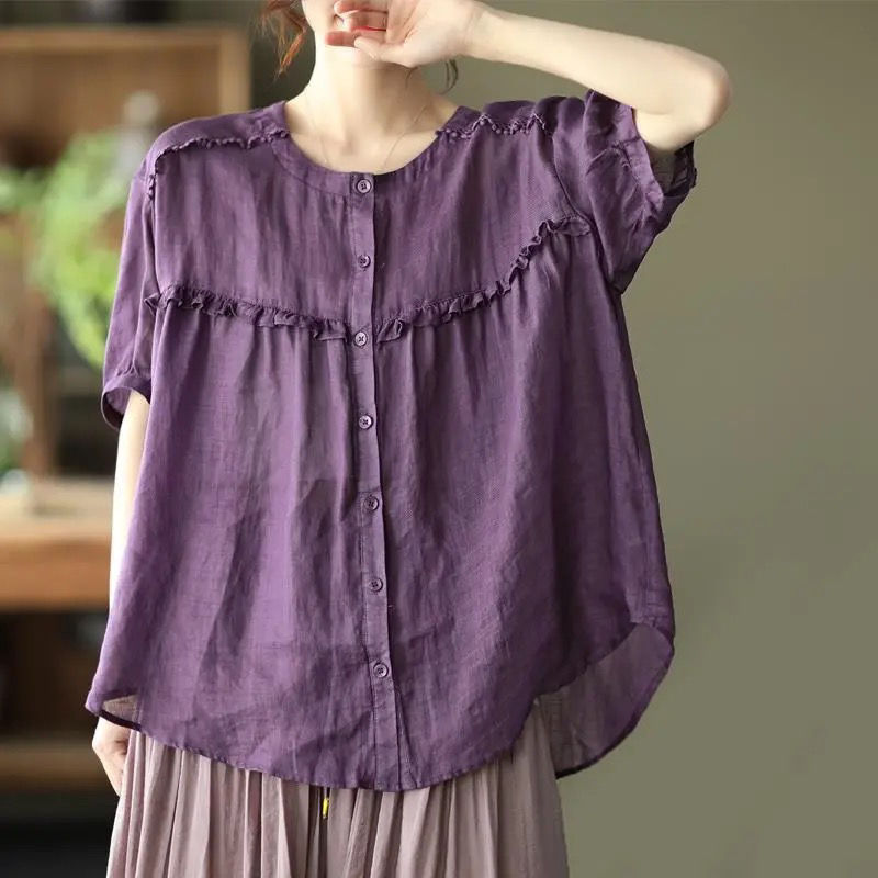 Retro Sweet Top With Ruffled Edging, Loose-fitting