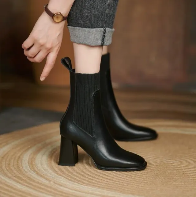 Square Toe Vintage French Chunky Heel Women's New Brown Knitted Stretch Socks High Heel Ankle Boots Black - Shop at LoveMi