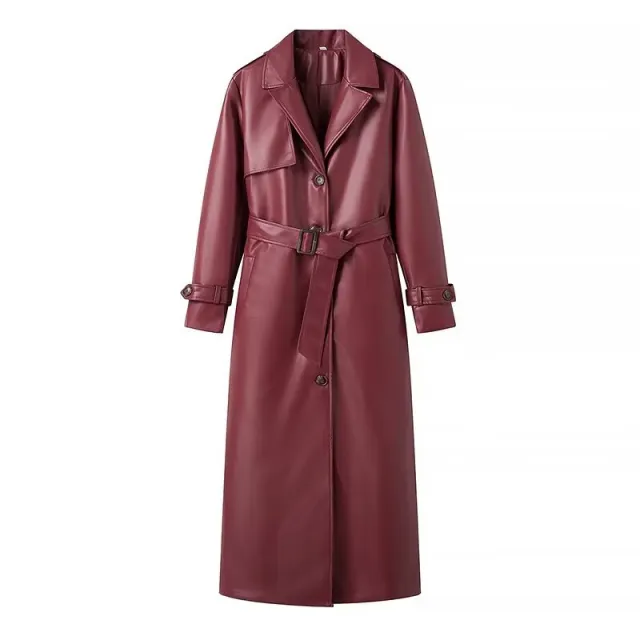 Women's Loose Fashion Long Leather Trench Coat Red - Shop at LoveMi