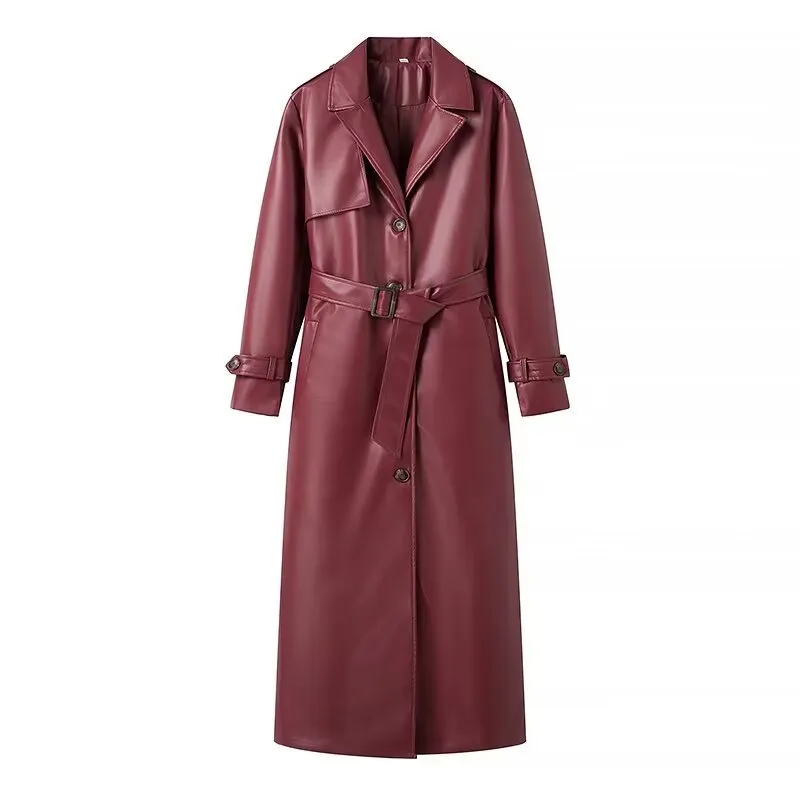 Women's Loose Fashion Long Leather Trench Coat - Red